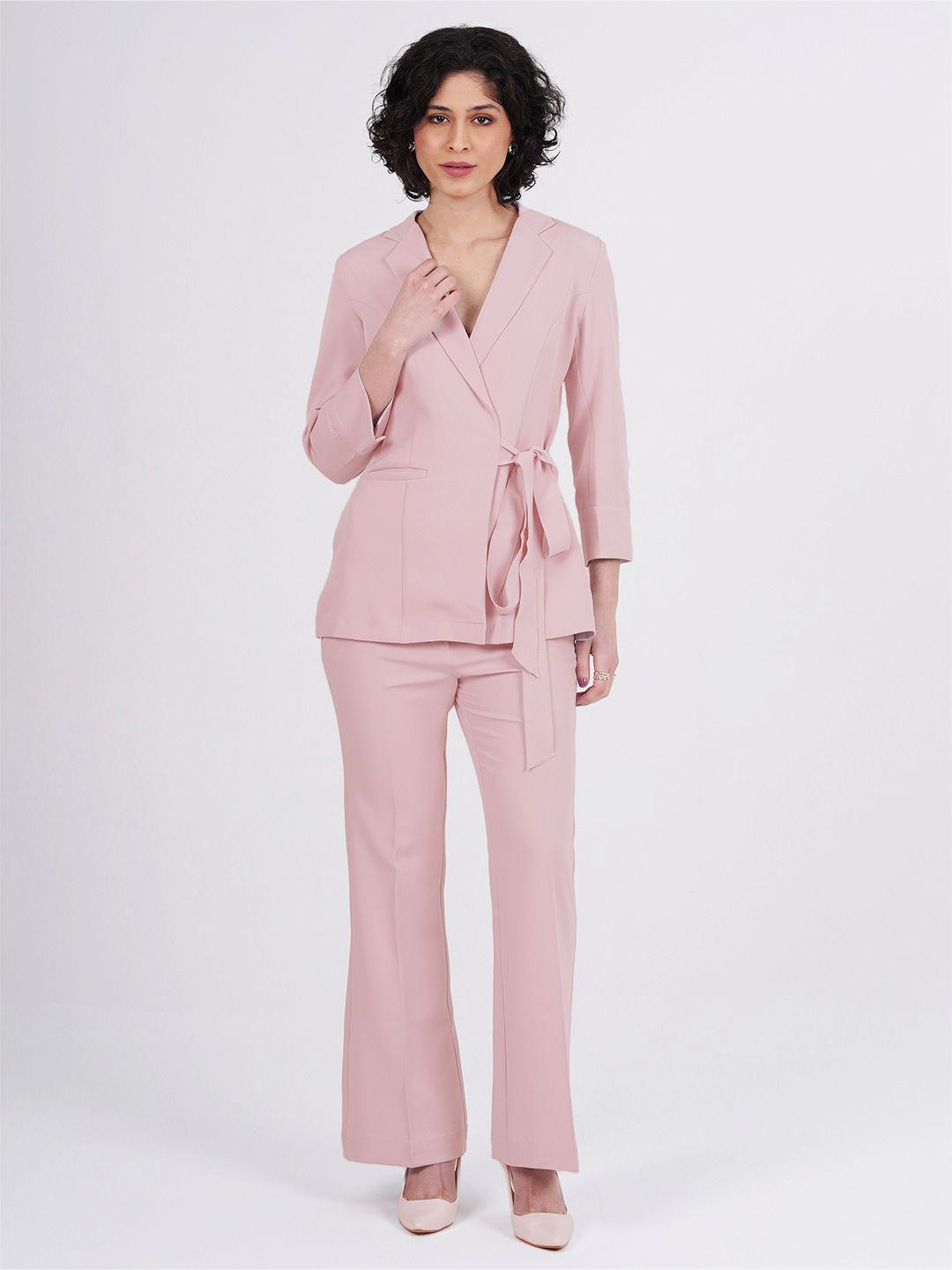 Women Pink Front Knot Single-Breasted Powersuit
