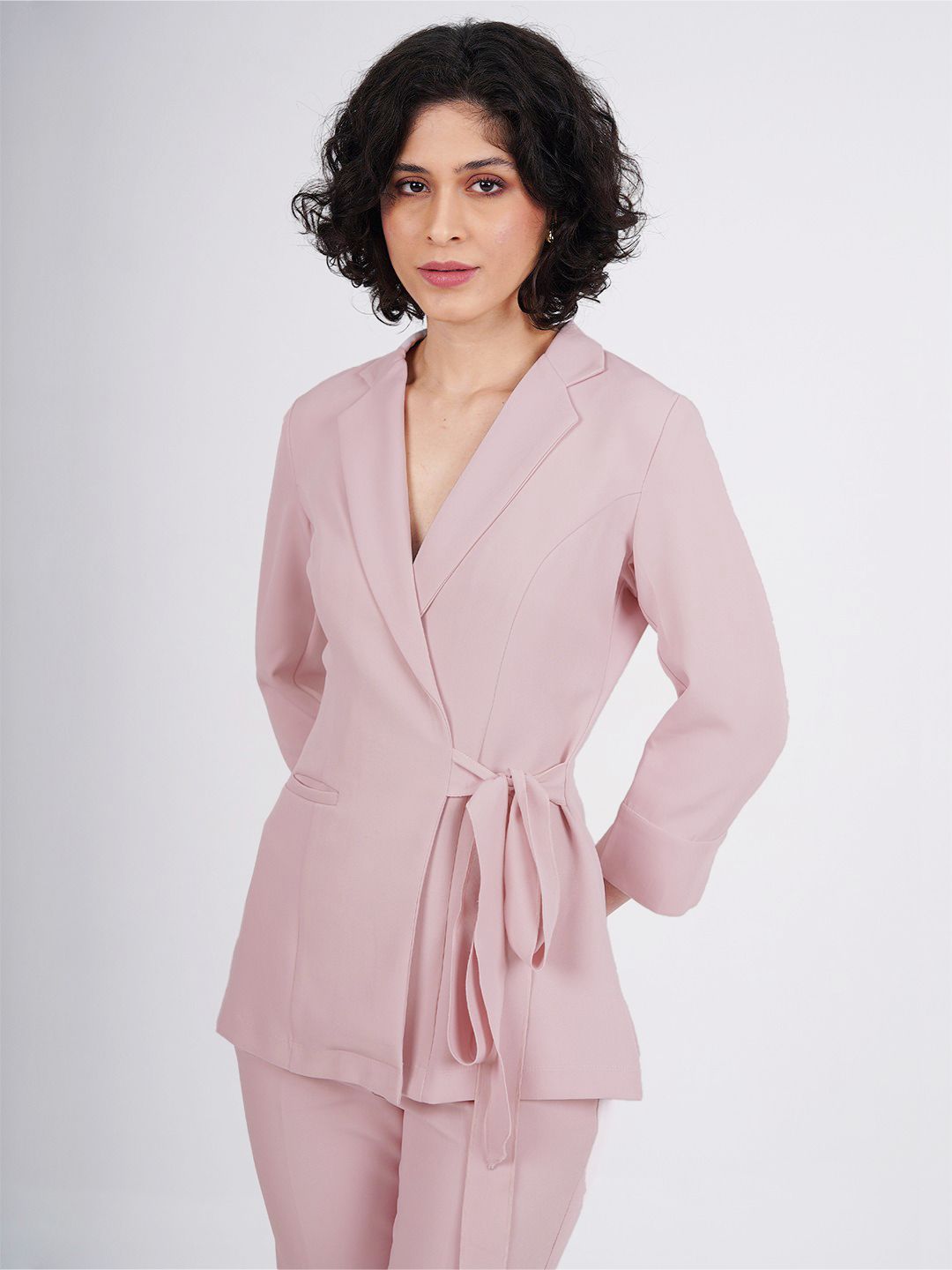Women Pink Front Knot Single-Breasted Powersuit
