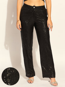 Black Sequined Mid Waist Trouser In Stretchable Fabric