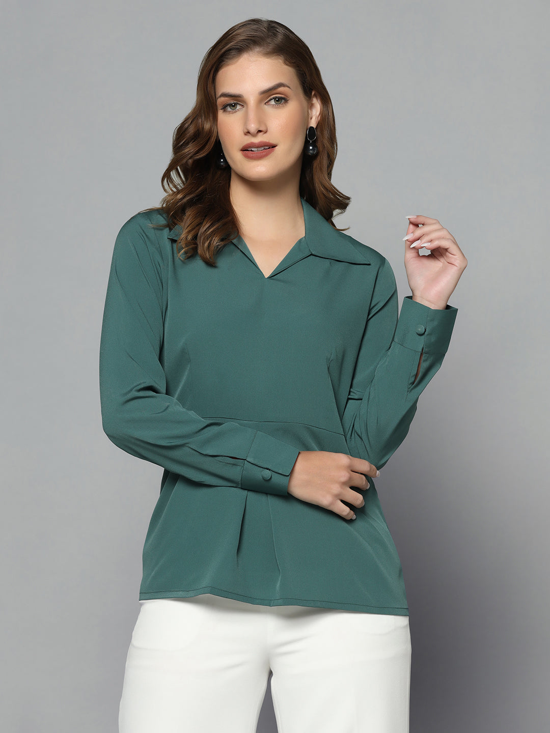 Collared Crepe Top - Green