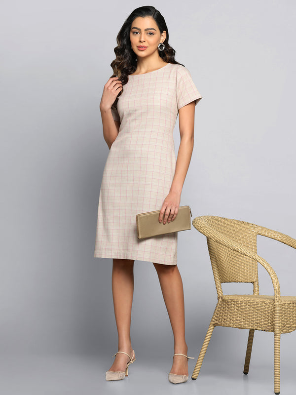 Checkered Sheath Dress- Beige