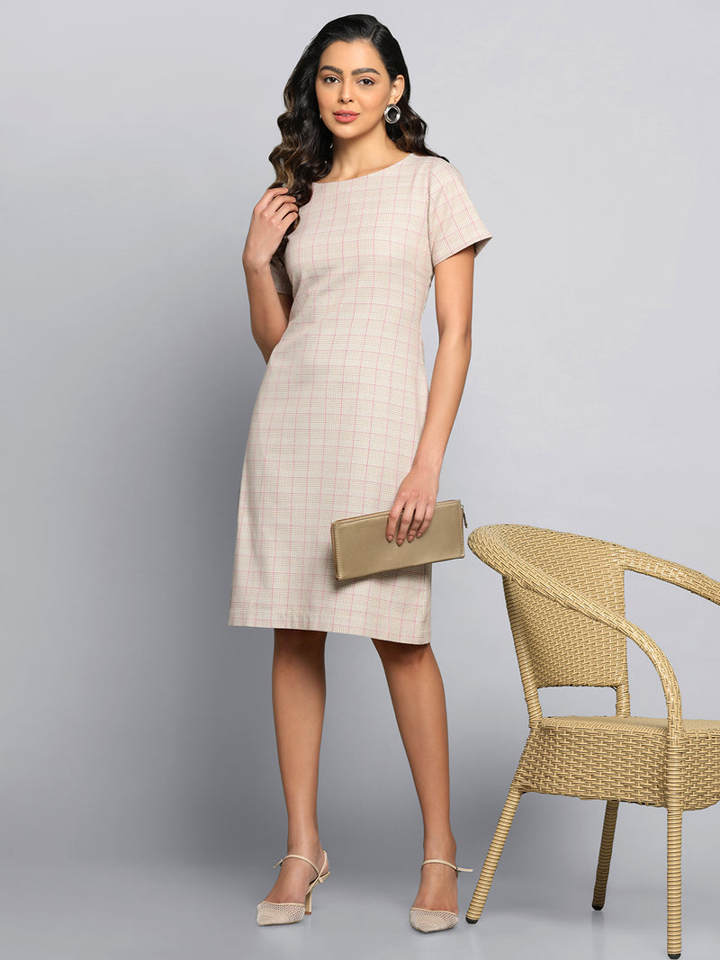 Checkered Sheath Dress- Beige