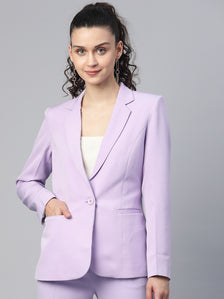 Single button lightweight stretch blazer in lavender worn by a model.