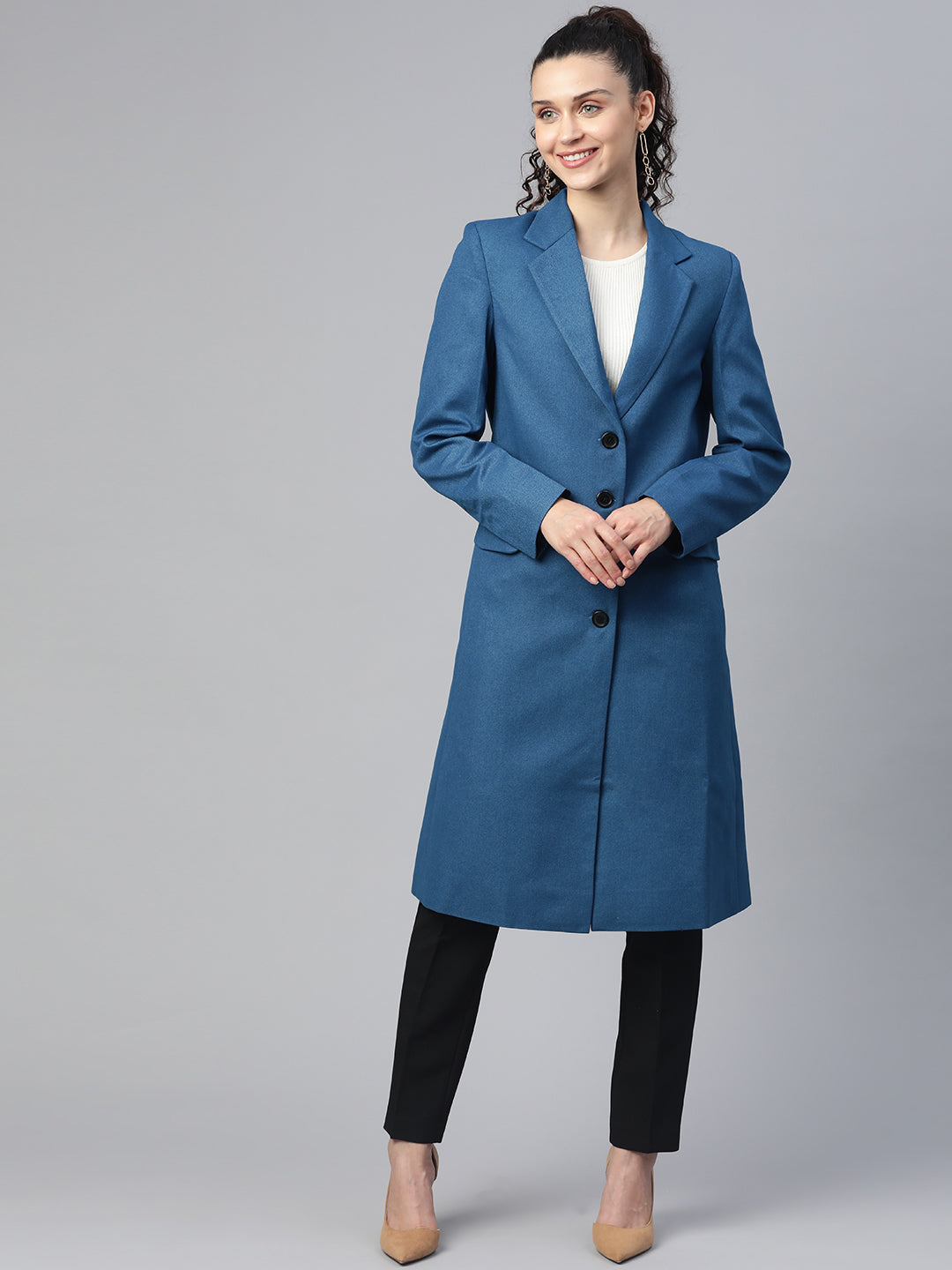 Solid Tweed Over Coat - Teal Blue