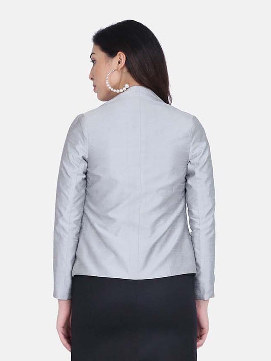 Dupioni Open Front Jacket For Women -Silver Grey