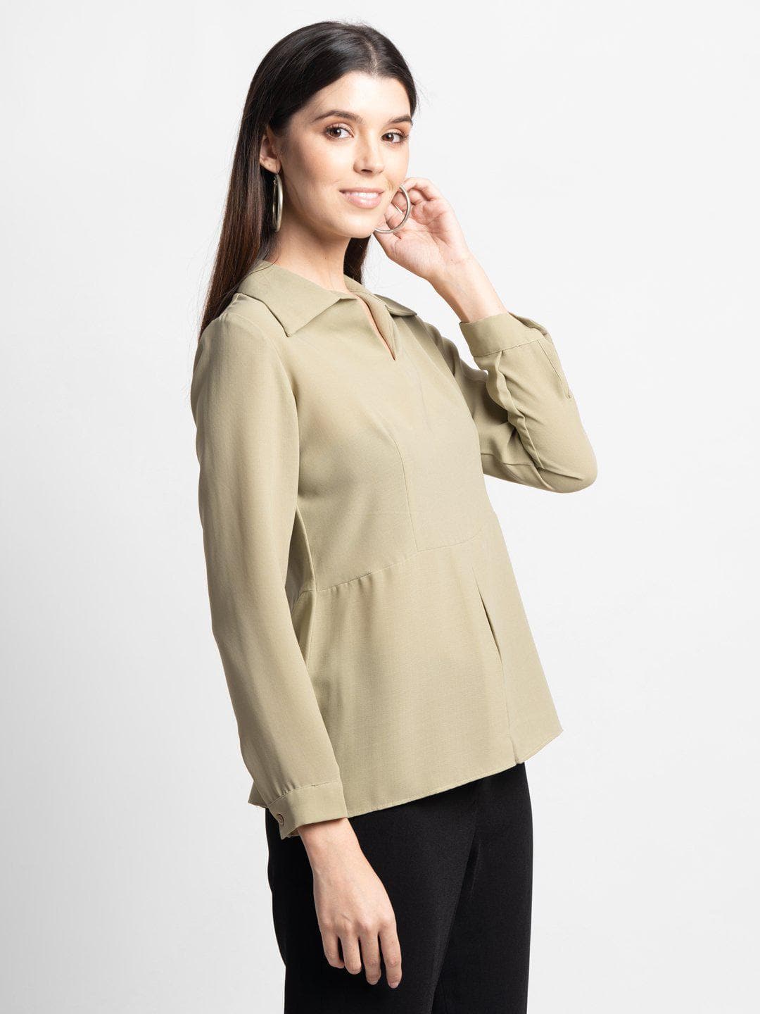 Collared Poly Moss Top - Celadon Green