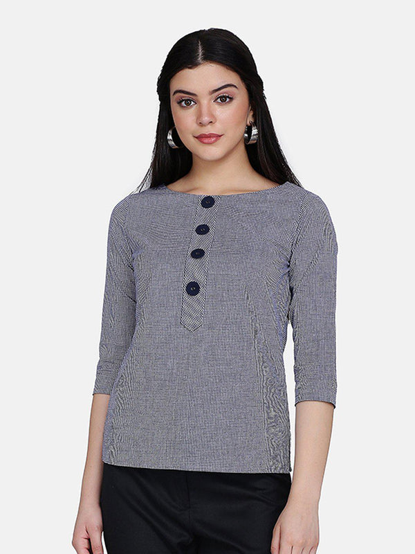 Shepherd’s Check Cotton Top For Women - Navy Blue