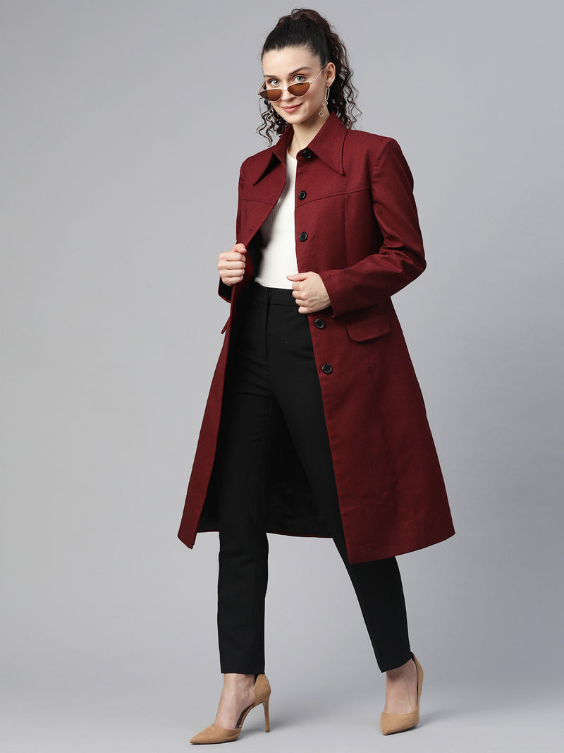 Solid Tweed Over Coat - Wine Red