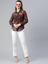 Floral Print Sheer Shirt - Maroon
