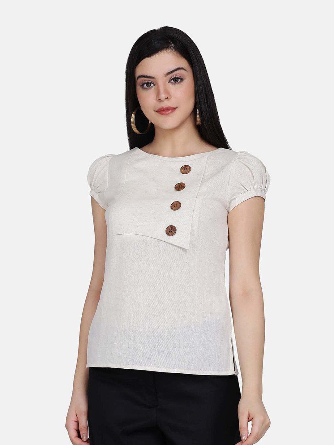 Flap Detail Cotton Top For Women - Beige