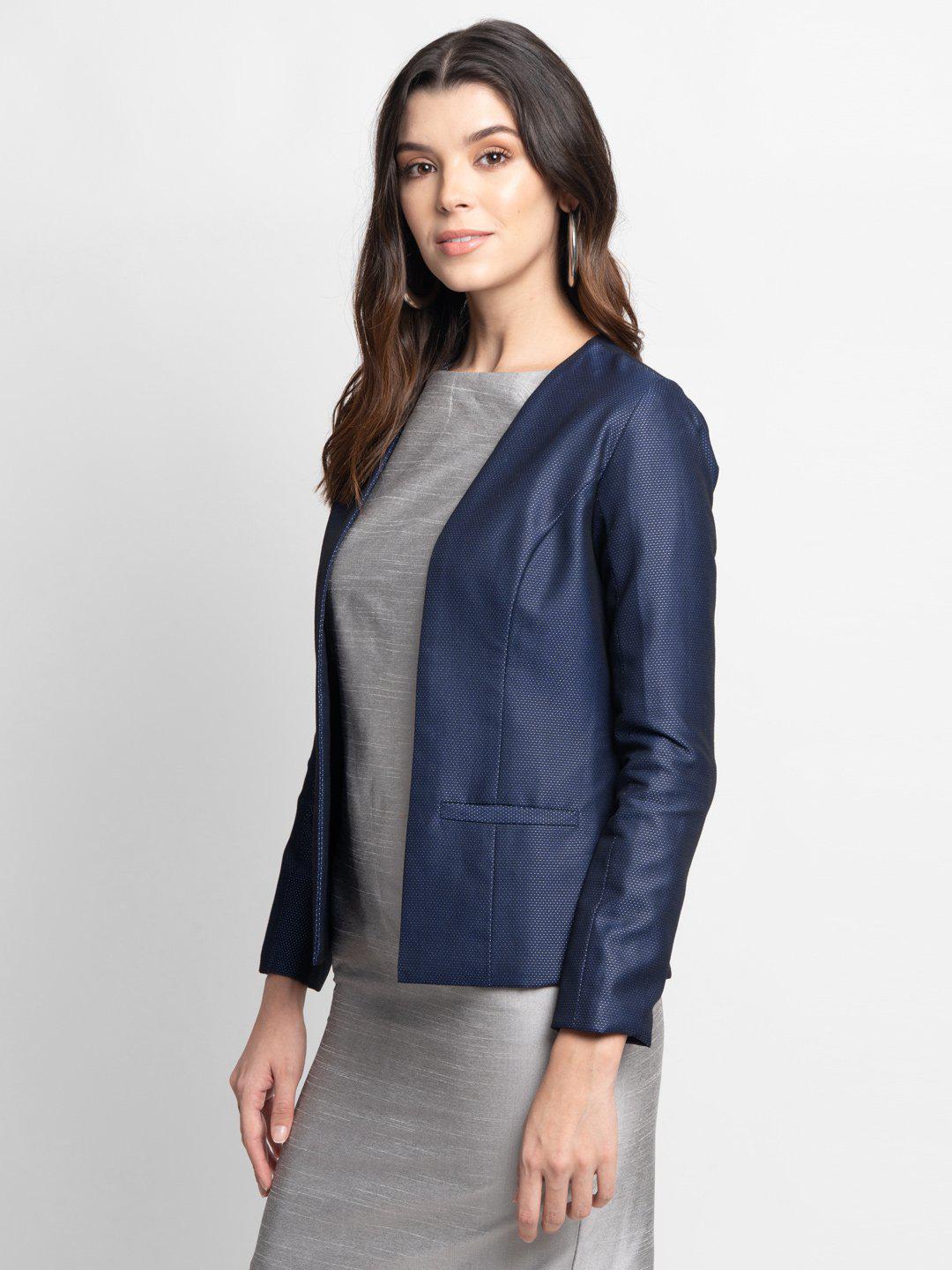 Blue swiss dot evening jacket with grey dupioni sheath dress