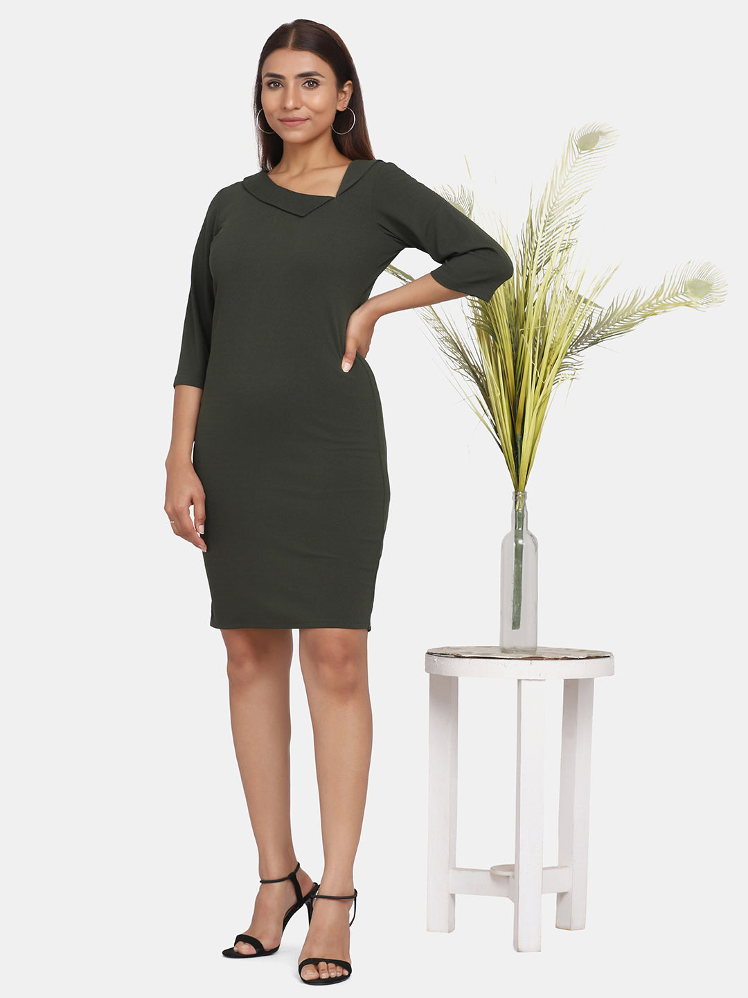 Stretch Evening Dress for Women - Olive Green