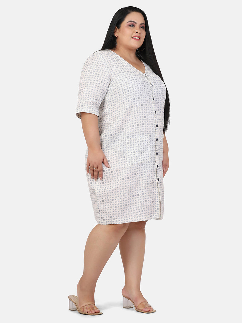 Print Linen Dress For Women - Off White with Blue 