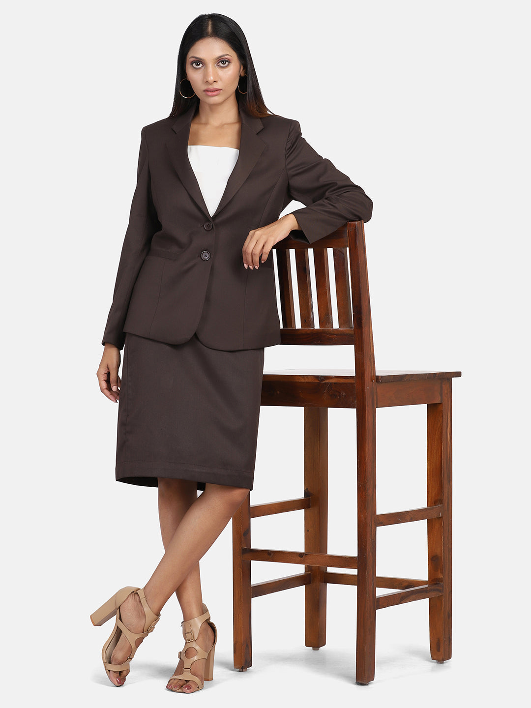 Poly Cotton Skirt Suit - Chocolate Brown