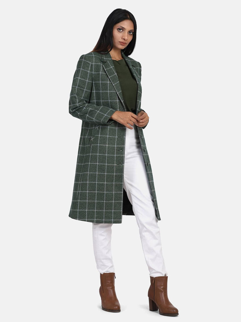 Woollen Checkered Coat For Women - Green