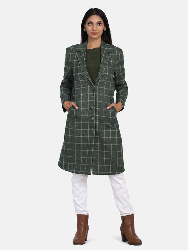 Woollen Checkered Coat For Women - Green