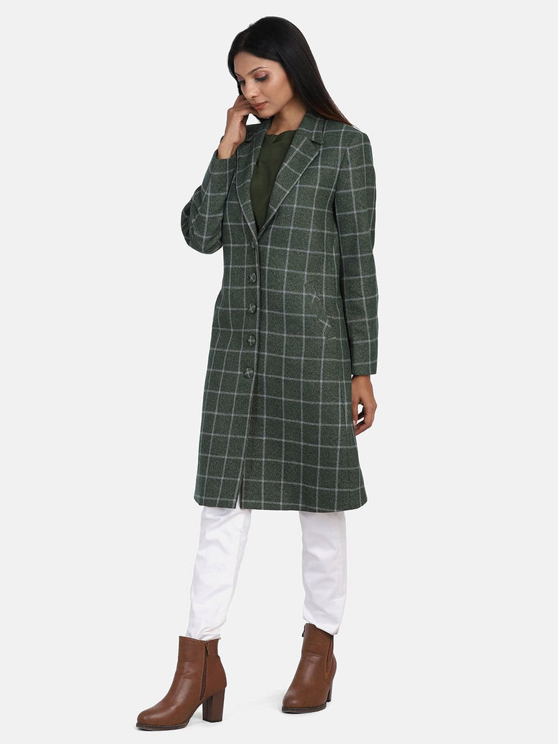 Woollen Checkered Coat For Women - Green