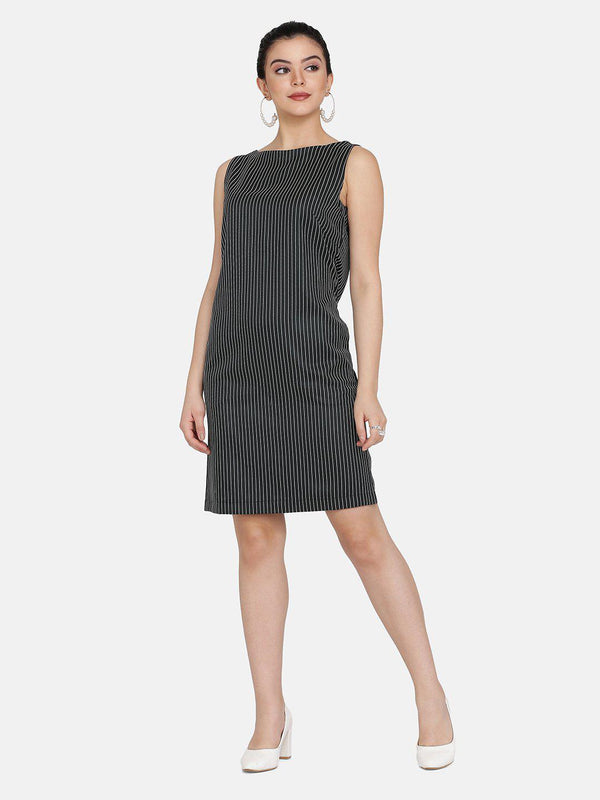 Olive Green Cut Sleeves Striped Sheath Dress