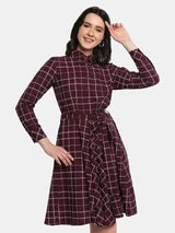 Checkered Flare Shirt Dress - Maroon