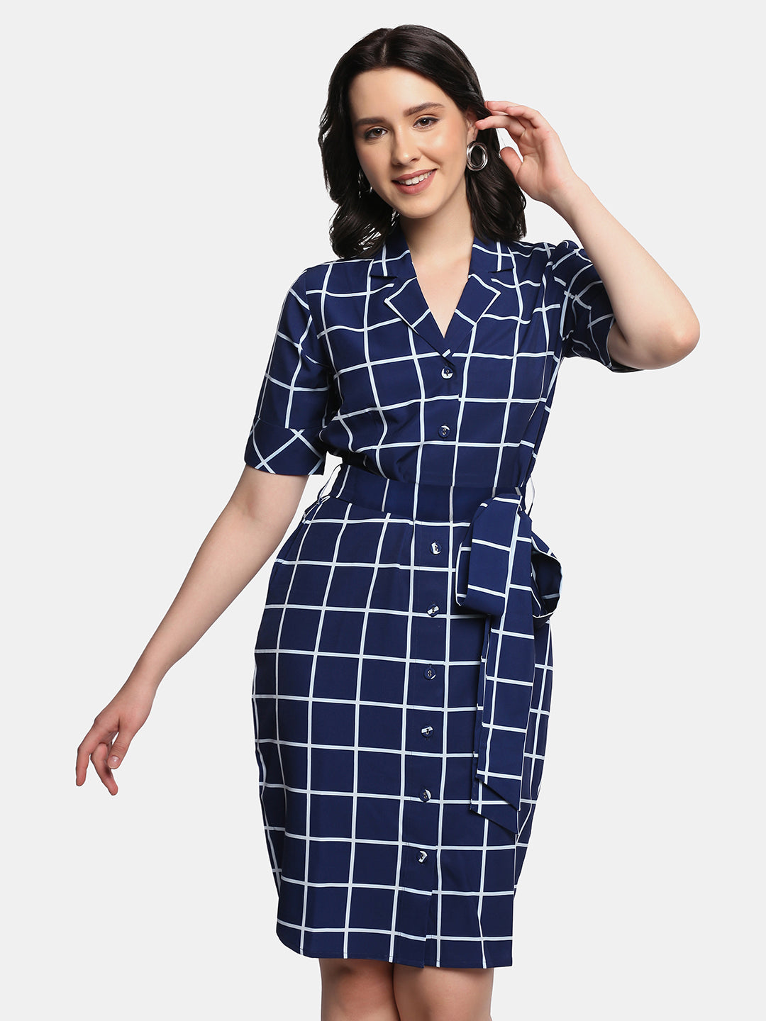 Button down blue checkered shirt dress with stylish tie detail.