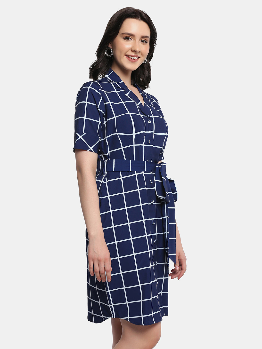 Button Down Checkered Shirt Dress - Blue
