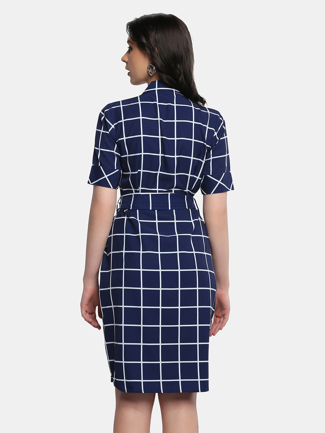 Button Down Checkered Shirt Dress - Blue