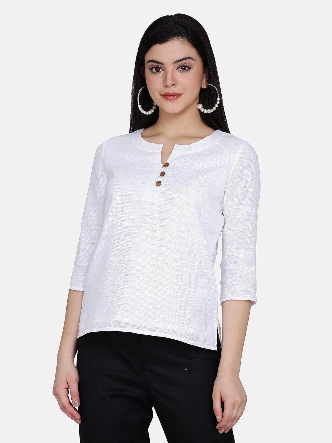 Wood Button Detail Cotton Top For Women - White