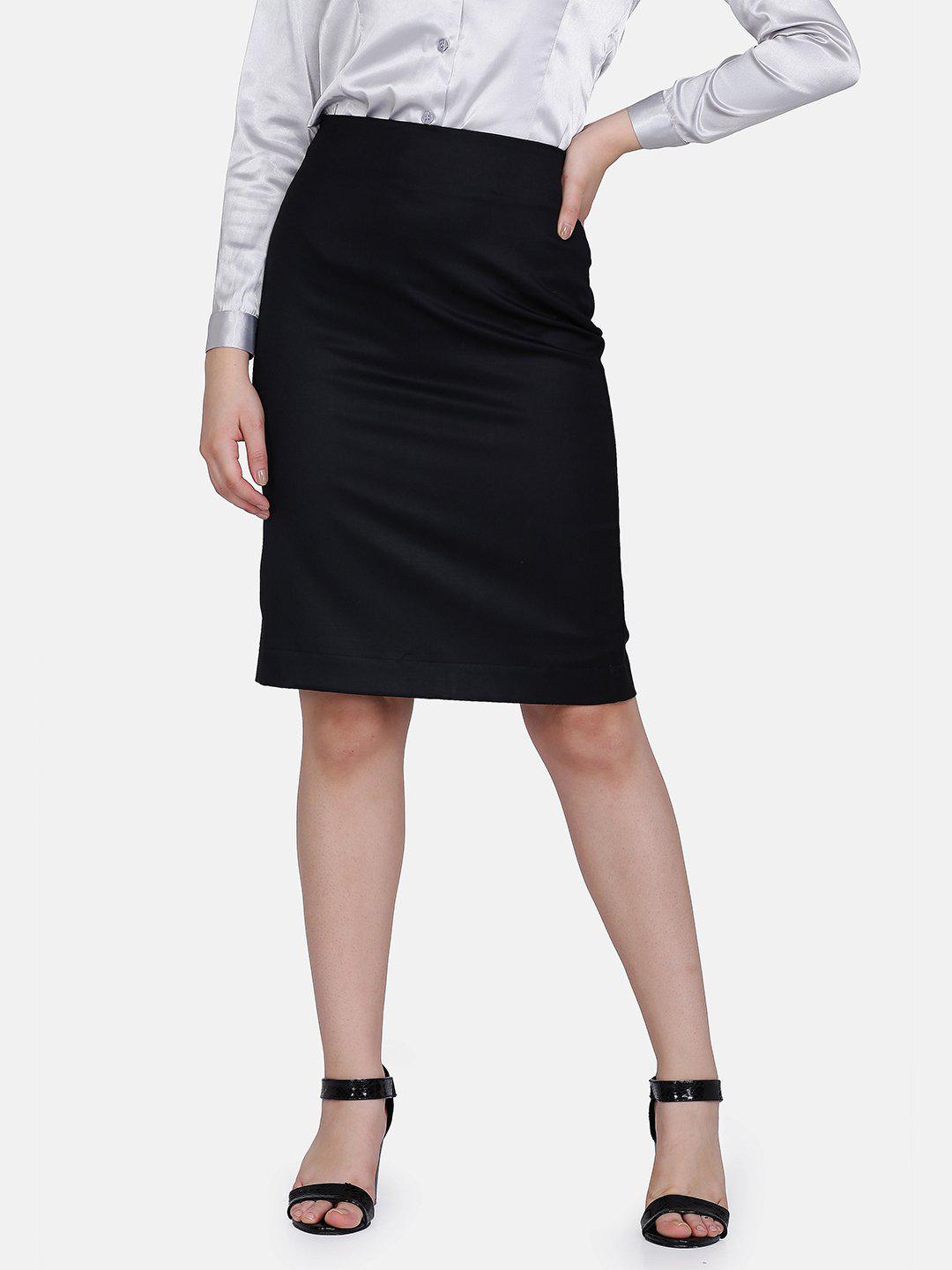 Black Poly Cotton Straight Skirt