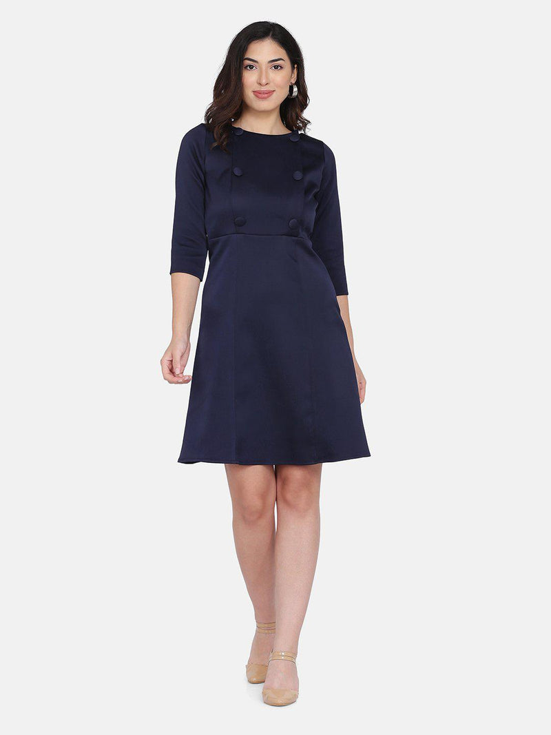 Poly Satin  Skater Evening Dress For Women - Navy Blue