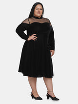 Illusion Neck  Velvet Party Dress for Women- Black