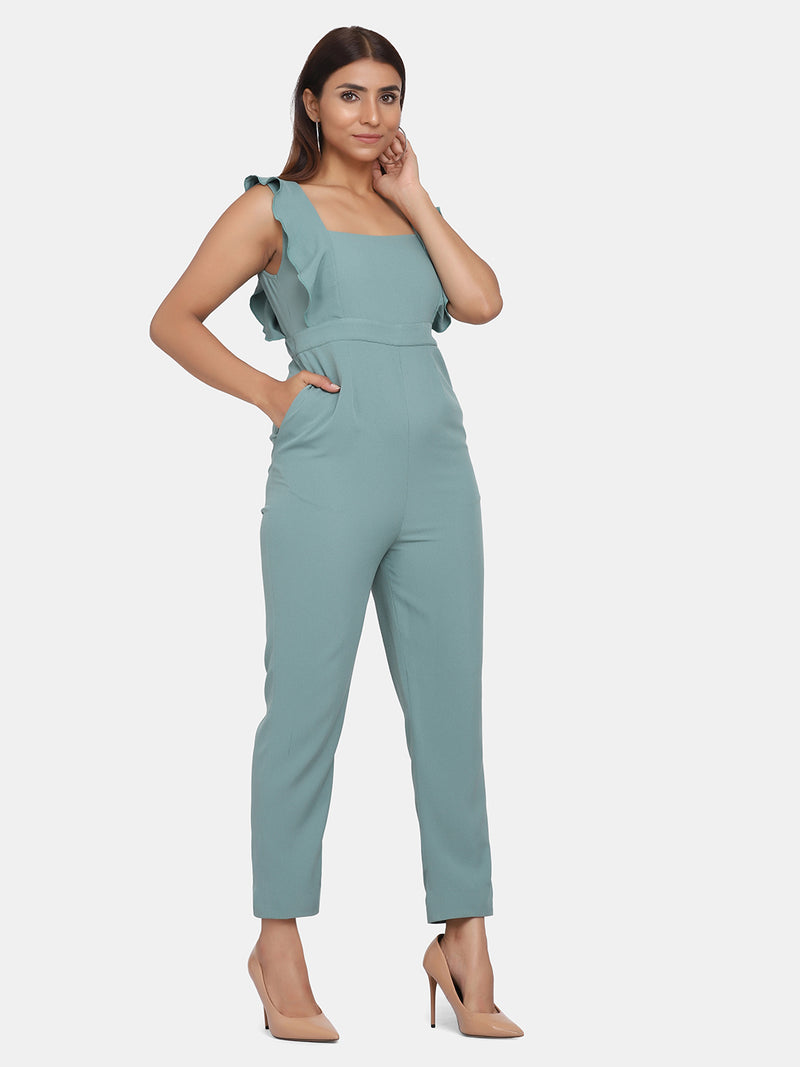 Ruffle Sleeve Stretch Jumpsuit for Women - Sage Green