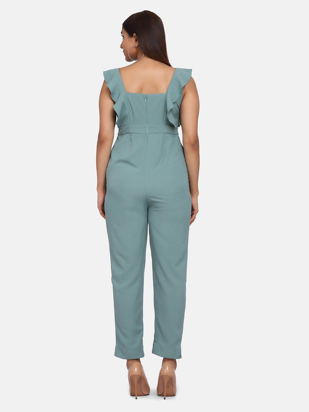 Ruffle Sleeve Stretch Jumpsuit for Women - Sage Green