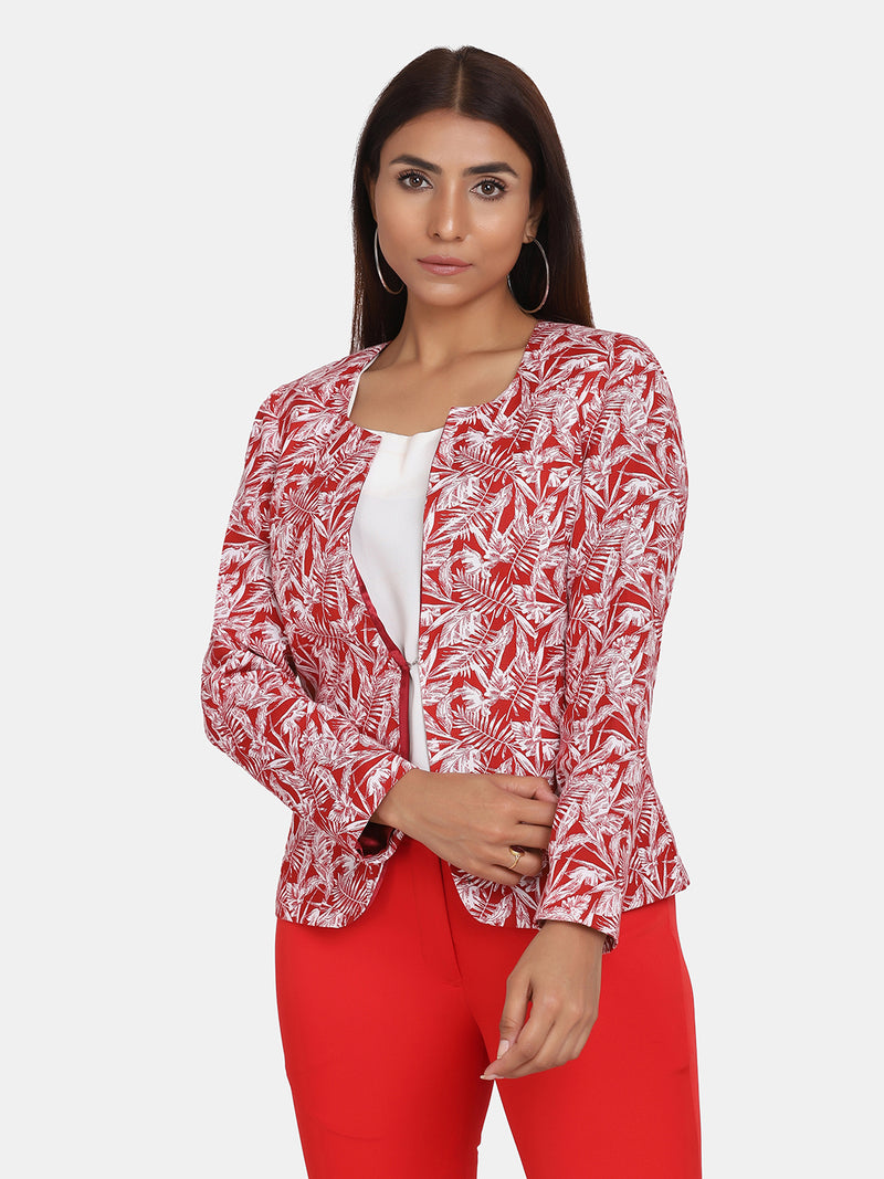 Ladies Printed Cotton Single Hook Jacket - Red