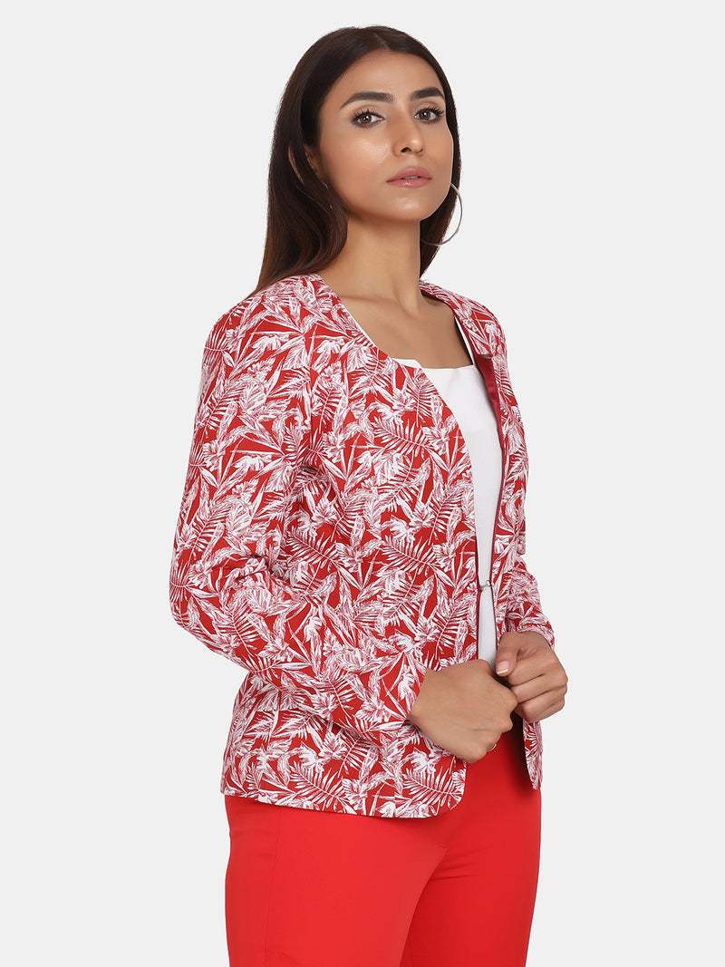 Ladies Printed Cotton Single Hook Jacket - Red