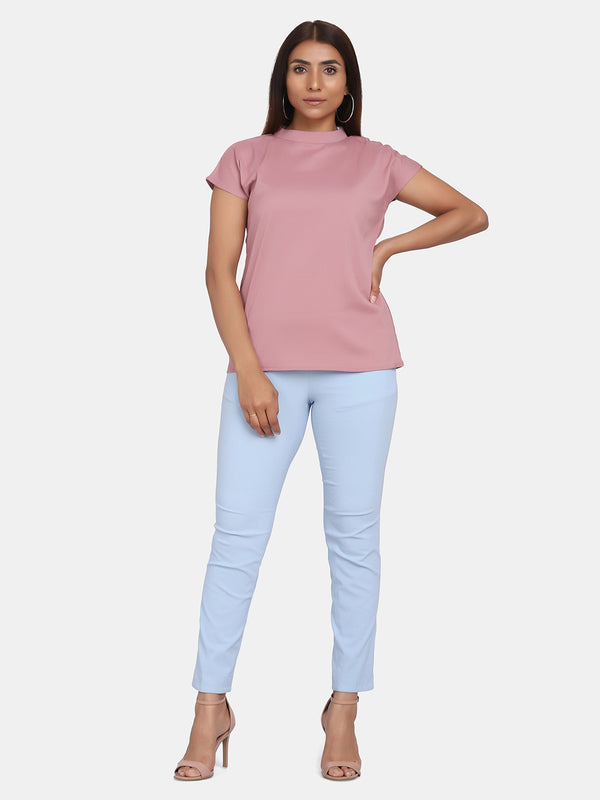 Short Sleeve High Neck Stretch Top for Women- Blush Pink