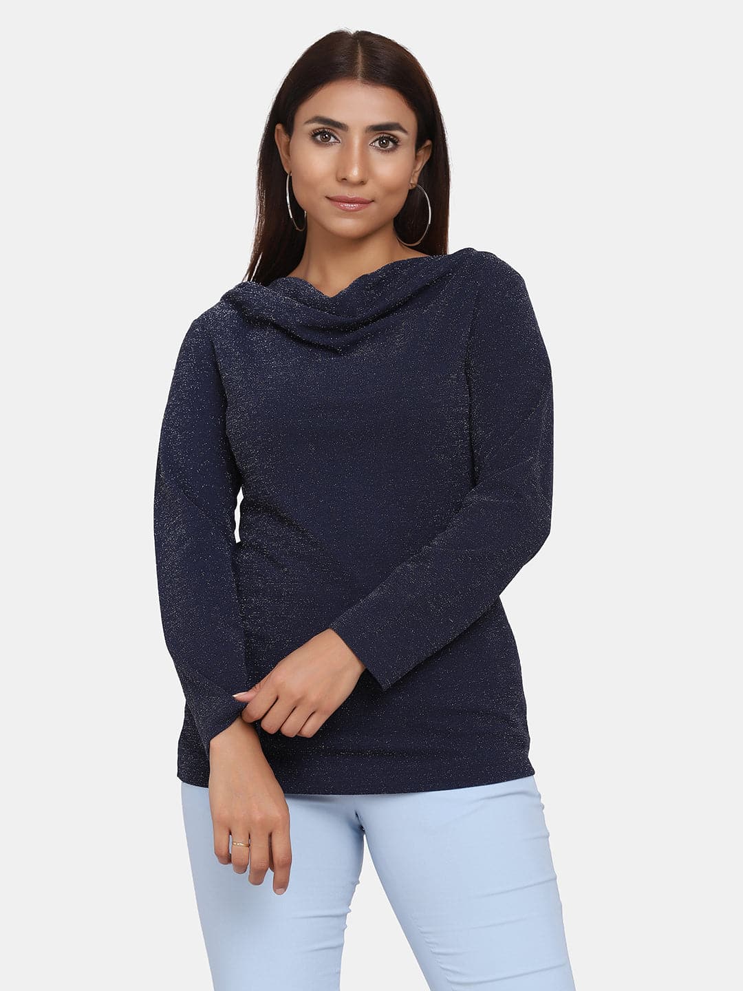 Cowl neck shimmery navy blue top for women, stylish and comfortable.