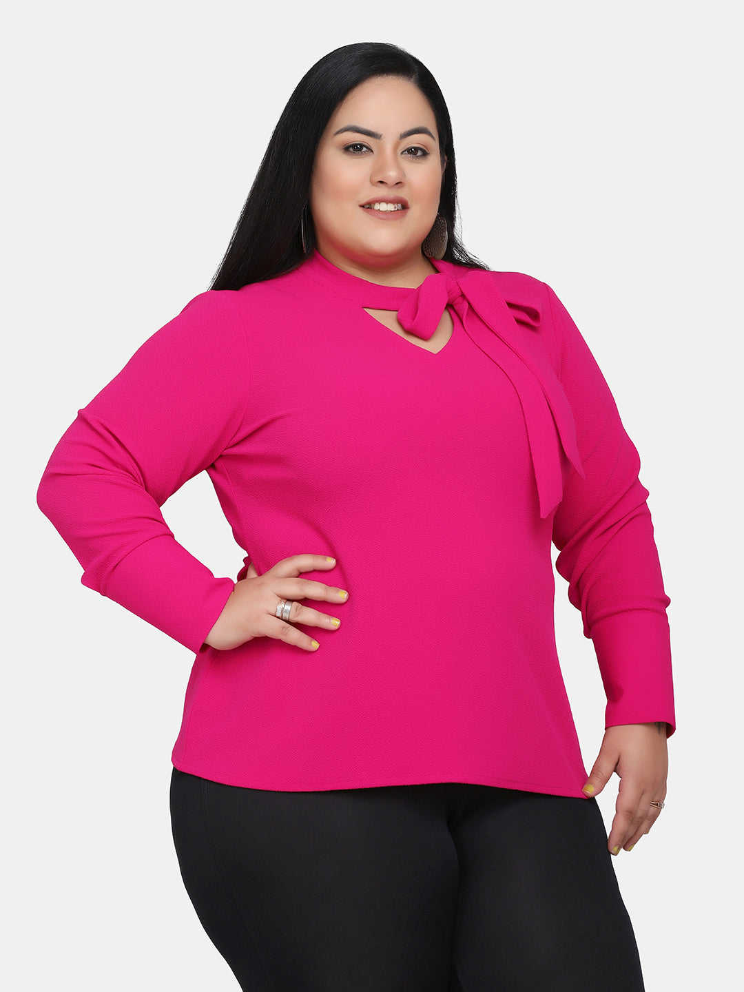 Cut Out V-Neck Stretch Top - Hot Pink