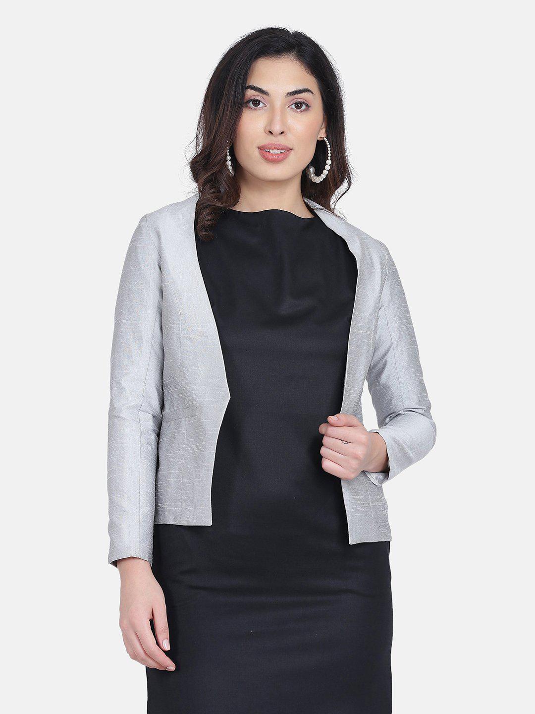 Dupioni Open Front Jacket For Women -Silver Grey