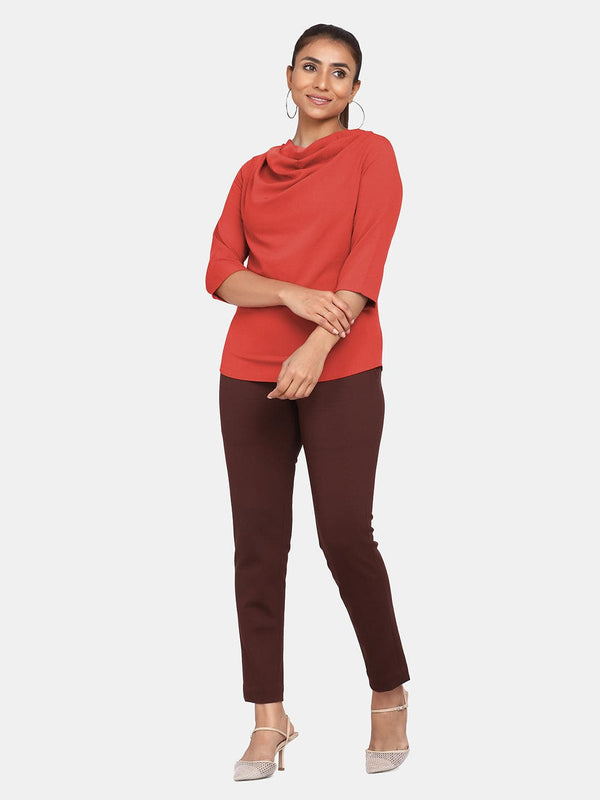 Cowl Neck Stretch Top for Women - Rust