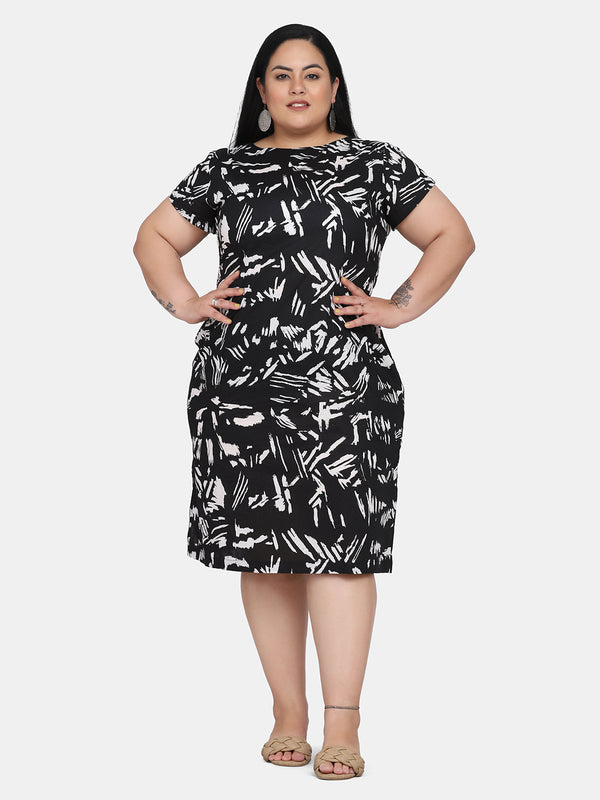 Printed Cotton Straight Formal Dress for Women - Black