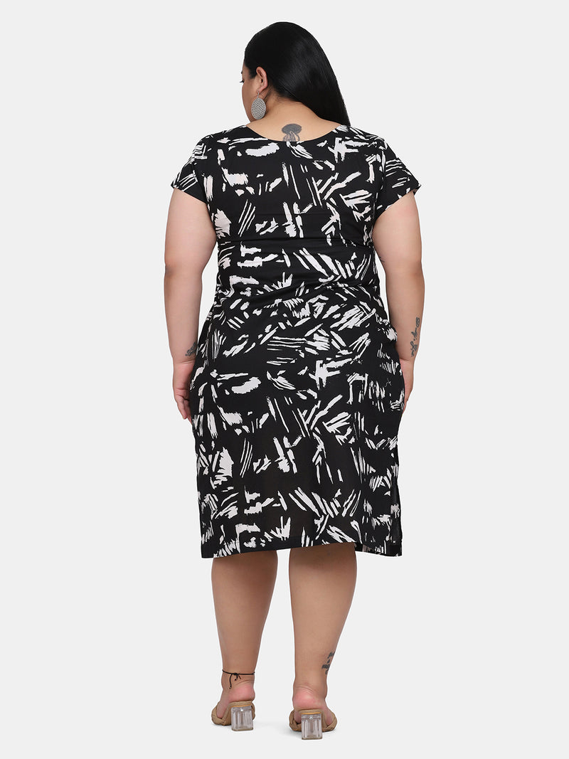 Printed Cotton Straight Formal Dress for Women - Black