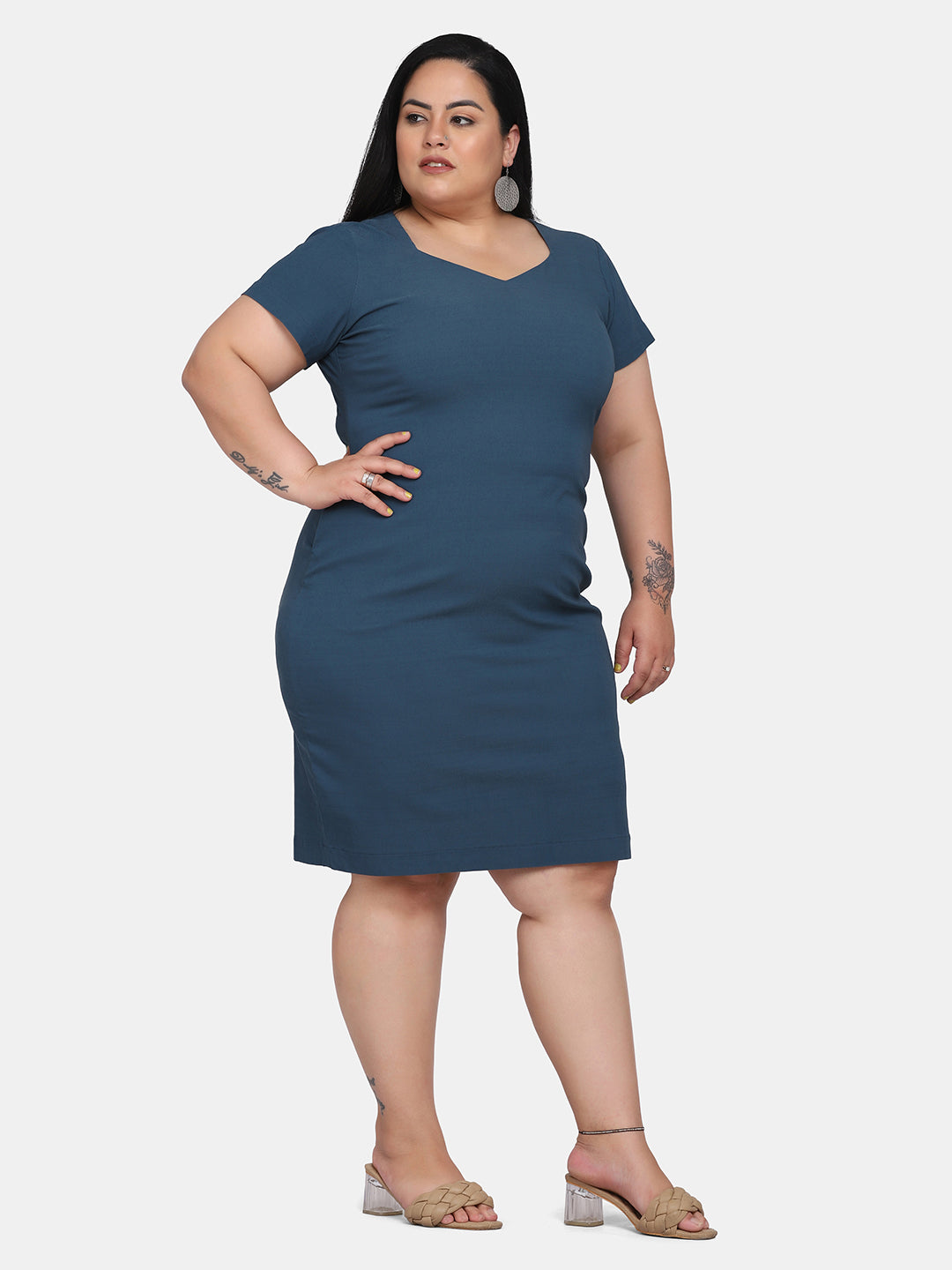 Solid Colour Stretch Dress For Women - Teal Blue