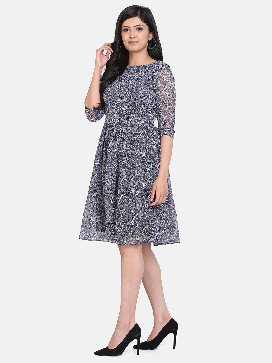 Print Georgette Outdoor Dress For Women - White and Grey