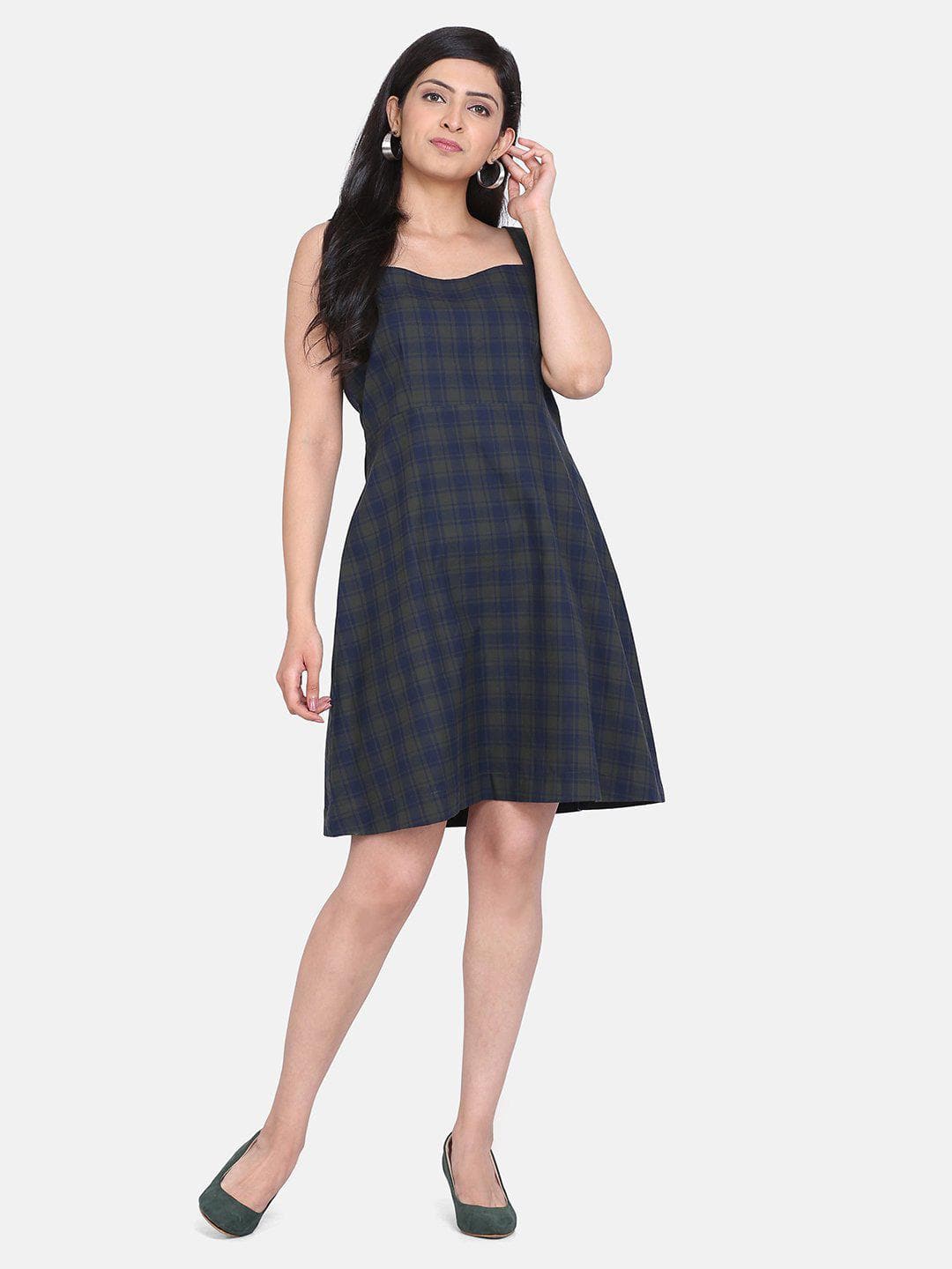 Cotton Check Dress For Women - Green and Blue