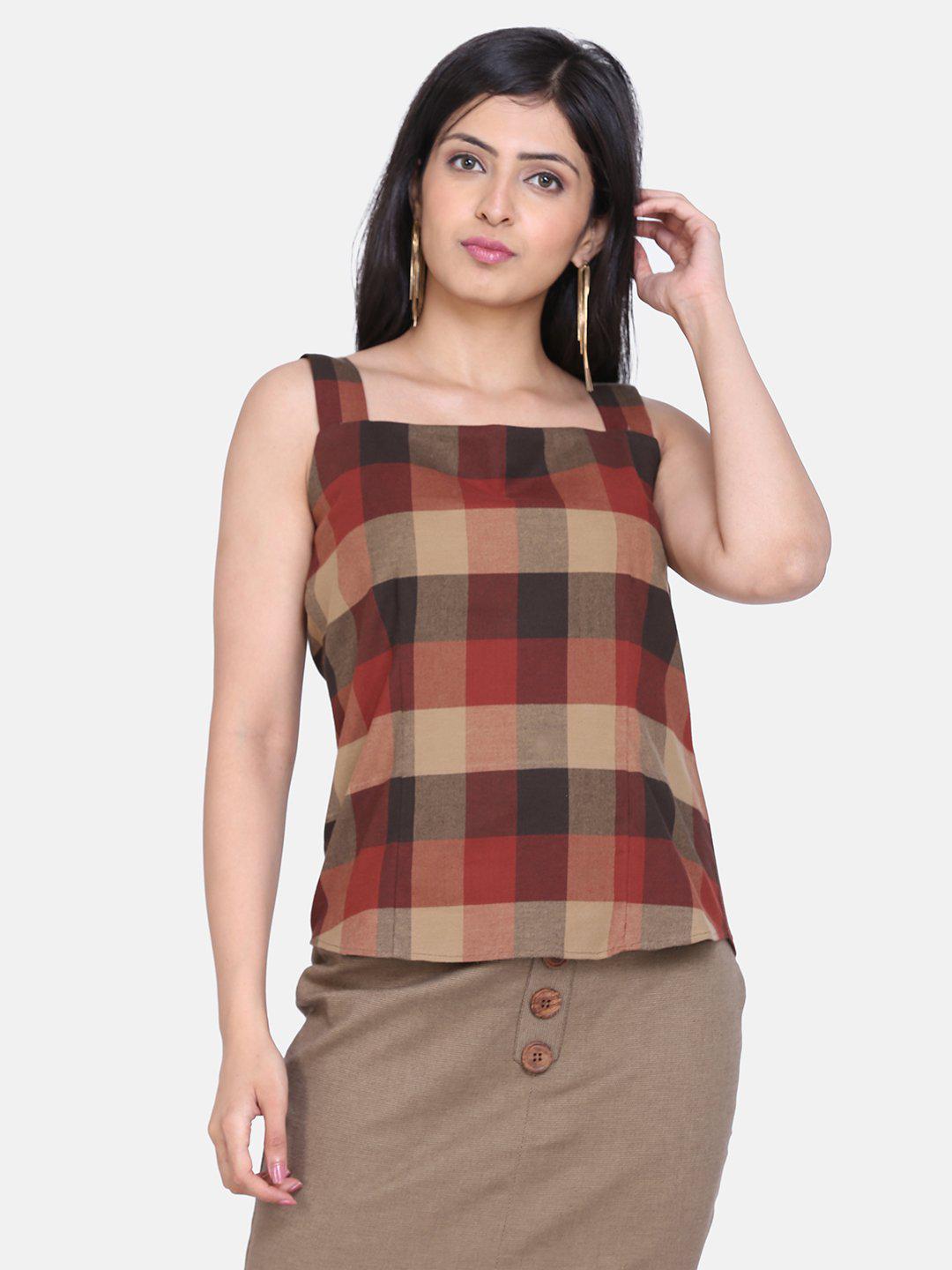 Gingham Check Cotton Top For Women - Beige and Maroon