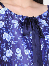 Floral Print Satin Top For Women - Royal Blue