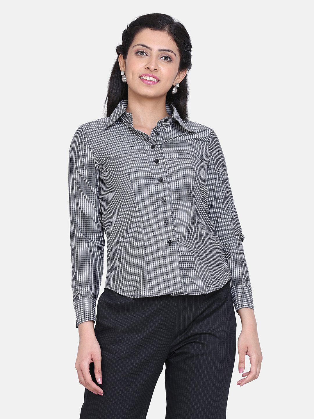 Check Collared Cotton Top For Women - Grey