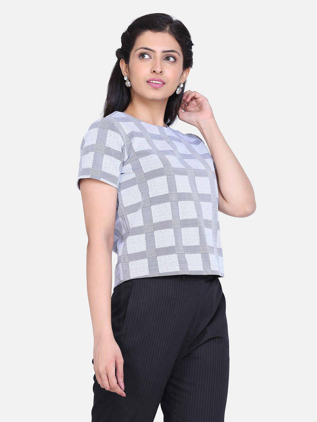 Windowpane Check Box Top For Women - Light Grey