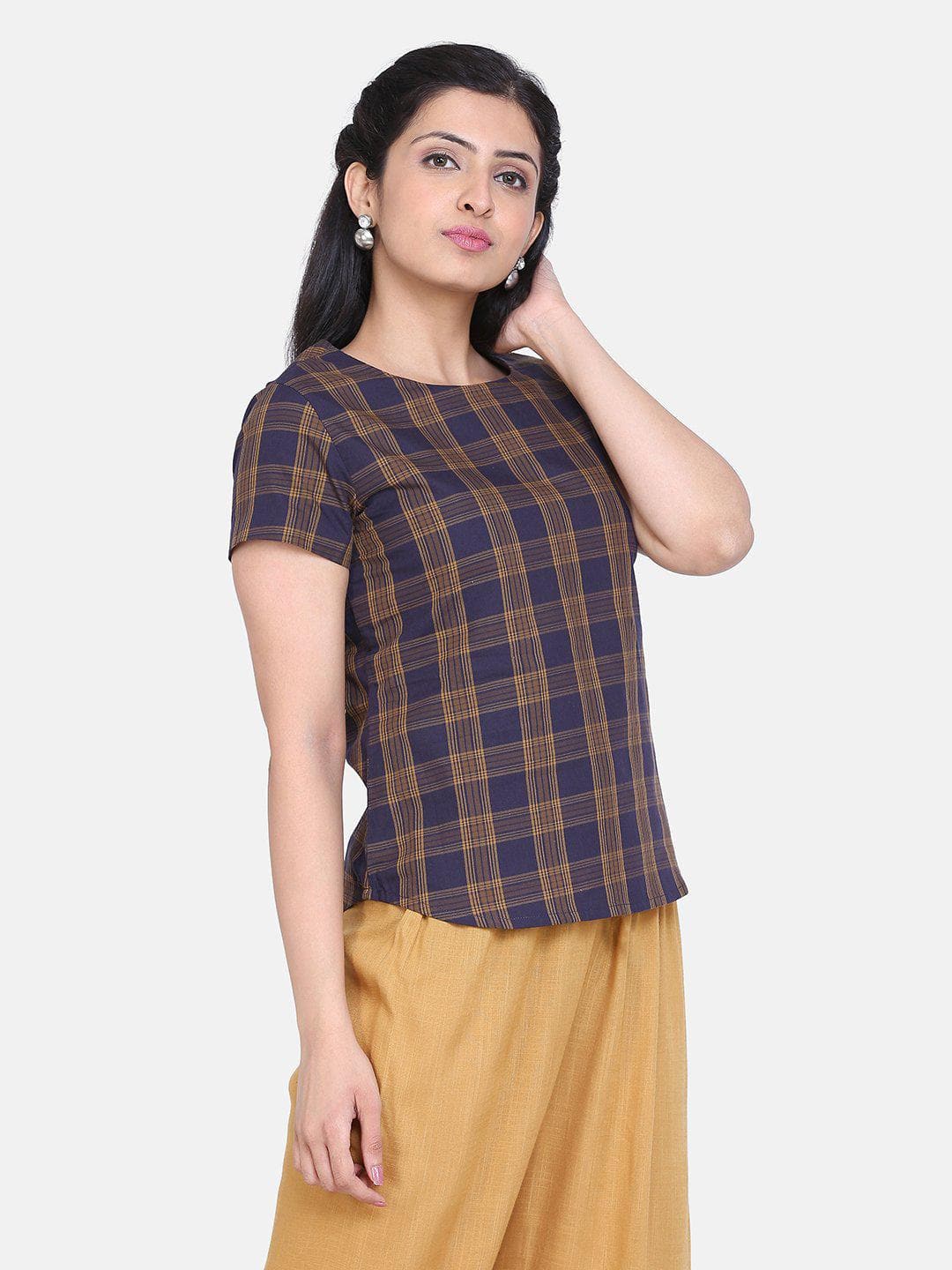 Check Cotton Top For Women - Brown
