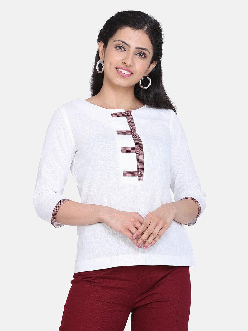 Check Detail Cotton Top For Women - White